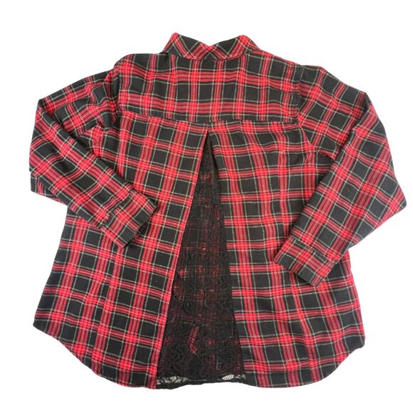 Hot Topic Button Down 2X Red Black Plaid Edgy Lace Back Split Grunge Goth Shirt - Picture 2 of 8